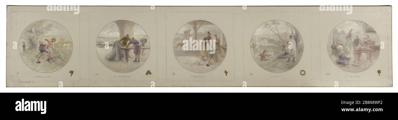 Skizze für Lobau Galerie des Hotel de Ville in Paris: Landwirtschaft. Der Handel. Branche. Wissenschaft Jean-Pierre Victor Maziès (1836-109er?). "L'Landwirtschaft. Le Commerce. L'Industrie. L'Art La Science". Esquisse pour la galerie Lobau de l'Hôtel de Ville de Paris. Huile sur toile, 1890. Musée des Beaux-Arts de la Ville de Paris, Petit Palais. Stockfoto