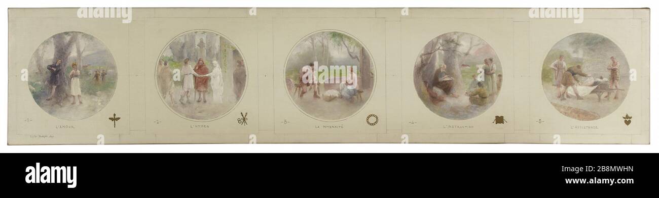 Skizze für Lobauer Galerie des Rathauses von Paris: Liebe. Hymen. Die Vaterschaft. Die Anweisung. Der Support Jean-Pierre Victor Maziès (1836-109er?). "L'Amour. L'hymen. La Paternité. L'Anweisung. L'Assistance'. Esquisse pour la galerie Lobau de l'Hôtel de Ville de Paris. Huile sur toile, 1890. Musée des Beaux-Arts de la Ville de Paris, Petit Palais. Stockfoto