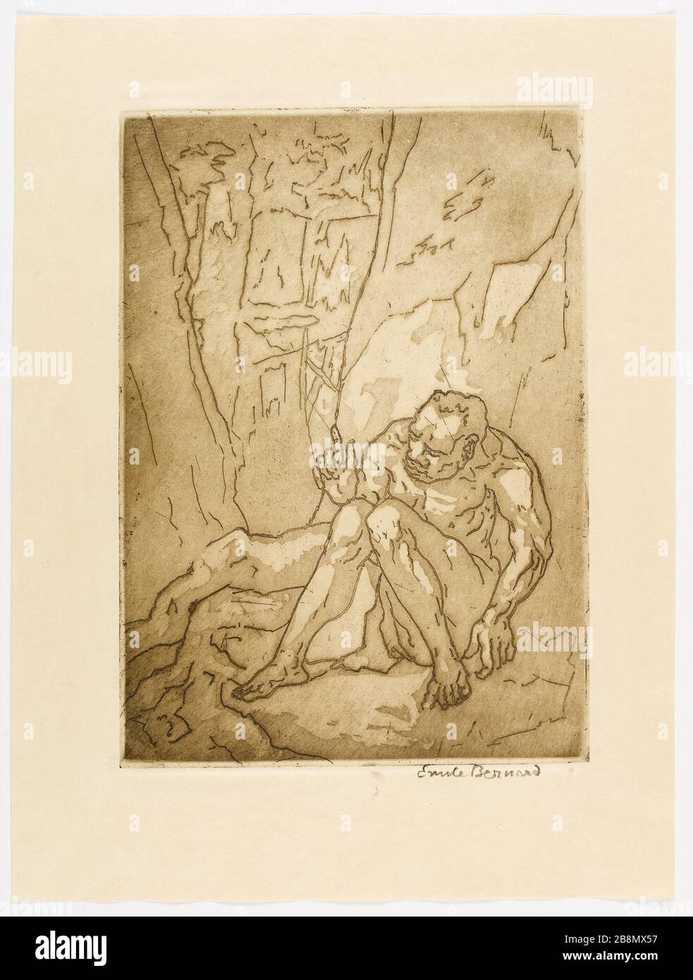 Nach den ursprünglichen Radierungen im ersten Staat Japan für "das Ende des Satans". Das Ende des Satans. Radierungen des ersten Zustandes. Nr. 16 - "während wir den Eunuch, seinen Minister, anbeteten/sanft in den Katastrophenwald sangen. Emile Bernard (1860-1941). Suite des eaux-fortes originales, en 1er état sur japon, pour 'La Fin de Satan. Premier état des eaux-fortes. NR. 16. "Anhänger qu'on l'adorait, l'eunuque son ministre chantait d'une voix douce au Fond du bois sinistre"". Eau-forte et aquatinte. 1935. Paris, Maison de Victor Hugo. Stockfoto