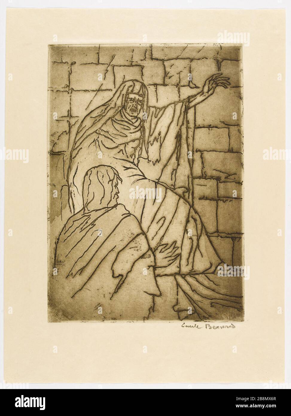 Nach den ursprünglichen Radierungen im ersten Staat Japan für "das Ende des Satans". Das Ende des Satans. Radierungen des ersten Zustandes. Nr. 28 - "Ich habe noch nie gesehen, aber ich erkenne Sie. / Hallo, Nazarener! Sagte die verstörte Frau. Emile Bernard (1860-1941). Suite des eaux-fortes originales, en 1er état sur japon, pour 'La Fin de Satan. Premier état des eaux-fortes. NR. 28. "Je ne t'ai jamais vu, mais je te reconnais. Salut, Nazaréen! Dit la femme hagarde'". Eau-forte et aquatinte. 1935. Paris, Maison de Victor Hugo. Stockfoto