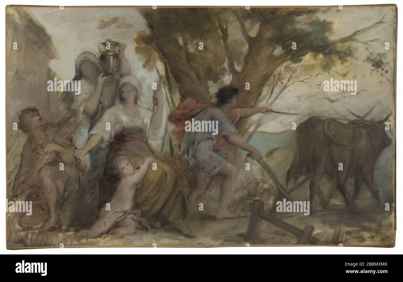 Skizze für die Bürgermeisteramt des 2. Bezirks: Mutterschaft und Arbeitsmüh François Lafon (1846-1920). "Material et laborge". Esquisse pour la mairie du 2ème, Bezirk. Huile sur toile, 1880. Musée des Beaux-Arts de la Ville de Paris, Petit Palais. Stockfoto