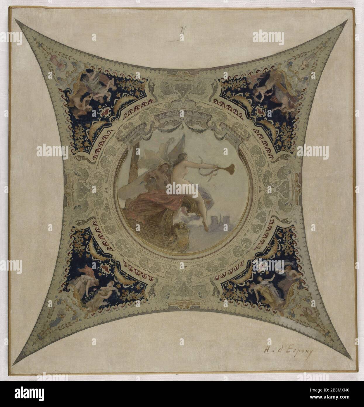 Skizze für die Lobauer Galerie des Rathauses von Paris: Der berühmte Pariser Hector Jean-Baptiste d'Espouy (1854-1929). "La renommée de Paris". Esquisse pour la galerie Lobau de l'Hôtel de Ville de Paris. Huile sur toile, 1890. Musée des Beaux-Arts de la Ville de Paris, Petit Palais. Stockfoto