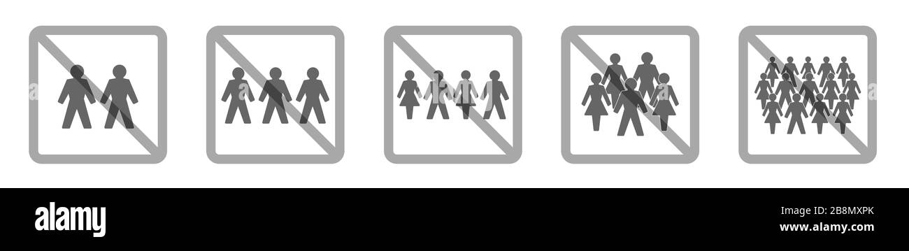Verbot der Montage von Symbolen für zwei, drei, vier, fünf oder mehr Personen. Soziale Distanzierung - Versammlungsverbot - Illustration auf Weiß. Stockfoto