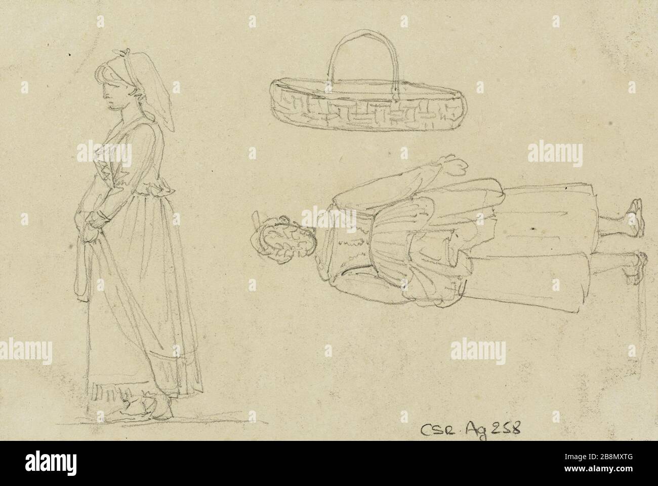 Studie über zwei weibliche Kostüme und einen Korb René Marjolin (1812-1895). Etüde de deux Kostüme féminins et d'un panier. Crayon Graphit sur Papier Beige. Paris, musée de la Vie romantique. Stockfoto