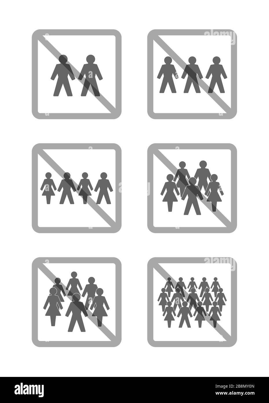 Keine Erfassungssymbole. Montageverbot für zwei, drei, vier, fünf, sechs oder mehr Personen - Darstellung auf weißem Hintergrund. Stockfoto