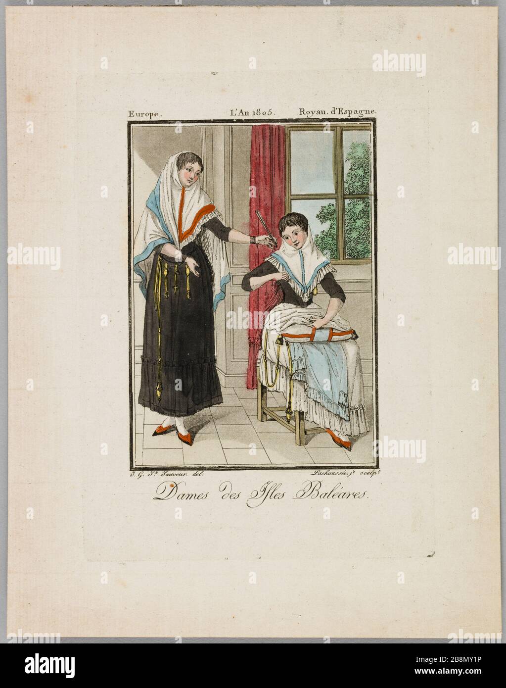 Damen der Balearen Jacques Grat de Saint-Sauveur. Dames des Iles Baléares. Lithographie en couleurs representant des jeunes femmes des Iles Baléares. Tiefdruck en couleur sur papier vergé, 1805. Paris, musée de la Vie romantique. Lithographie en couleurs representant des jeunes femmes des Iles Baléares. Stockfoto