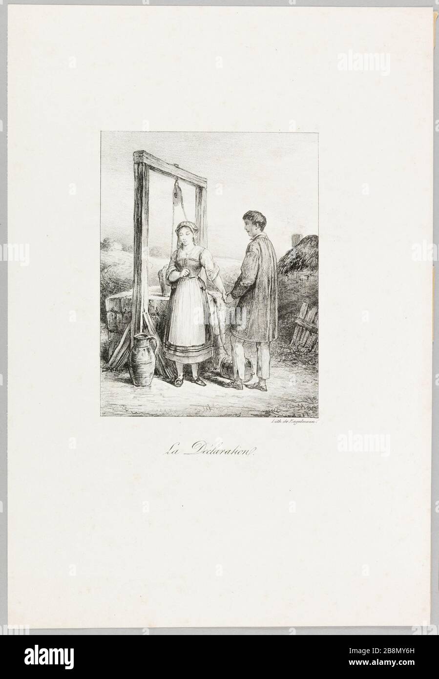 Die Erklärung Godefroy Engelmann (2,8-18384). La déclaration. auprès d'un puits, un soupirant fait sa déclaration à une jeune fille. Tiefdruck. Paris, musée de la Vie romantique. Stockfoto