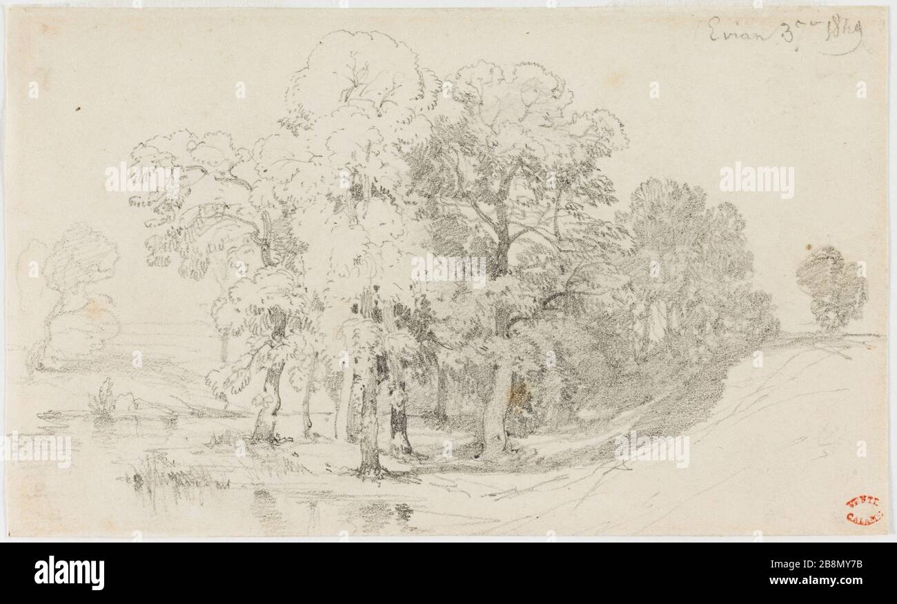 Landschaft Evian Alexandre Calame, Paysage d'Evian. Paysage des environs d'Evian avec un bosquet d'arbres. Crayon-Graphit, 3 septembre 1849. Paris, musée de la Vie romantique. Stockfoto