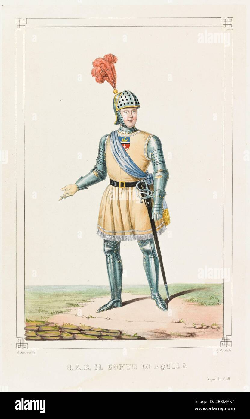 Portrait de S.A.R. Der Graf Von Adler Giovanni Mariani. Portrait de S.A.R. Il Conte Di Aquila. Portrait en armure du comte d'Aquila. Lithographie. Paris, musée de la Vie romantique. Portrait en armure du comte d'Aquila. Stockfoto