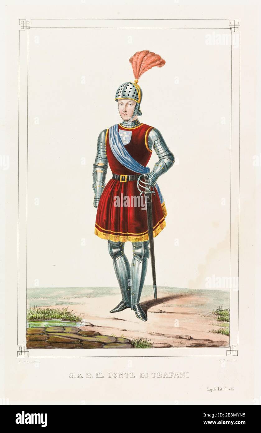Portrait de S.A.R. Der Graf Di Trapani Giovanni Mariani. Portrait de S.A.R. Il Conte Di Trapani. Portrait en armure du comte de Trapani. Lithographie. Paris, musée de la Vie romantique. Stockfoto