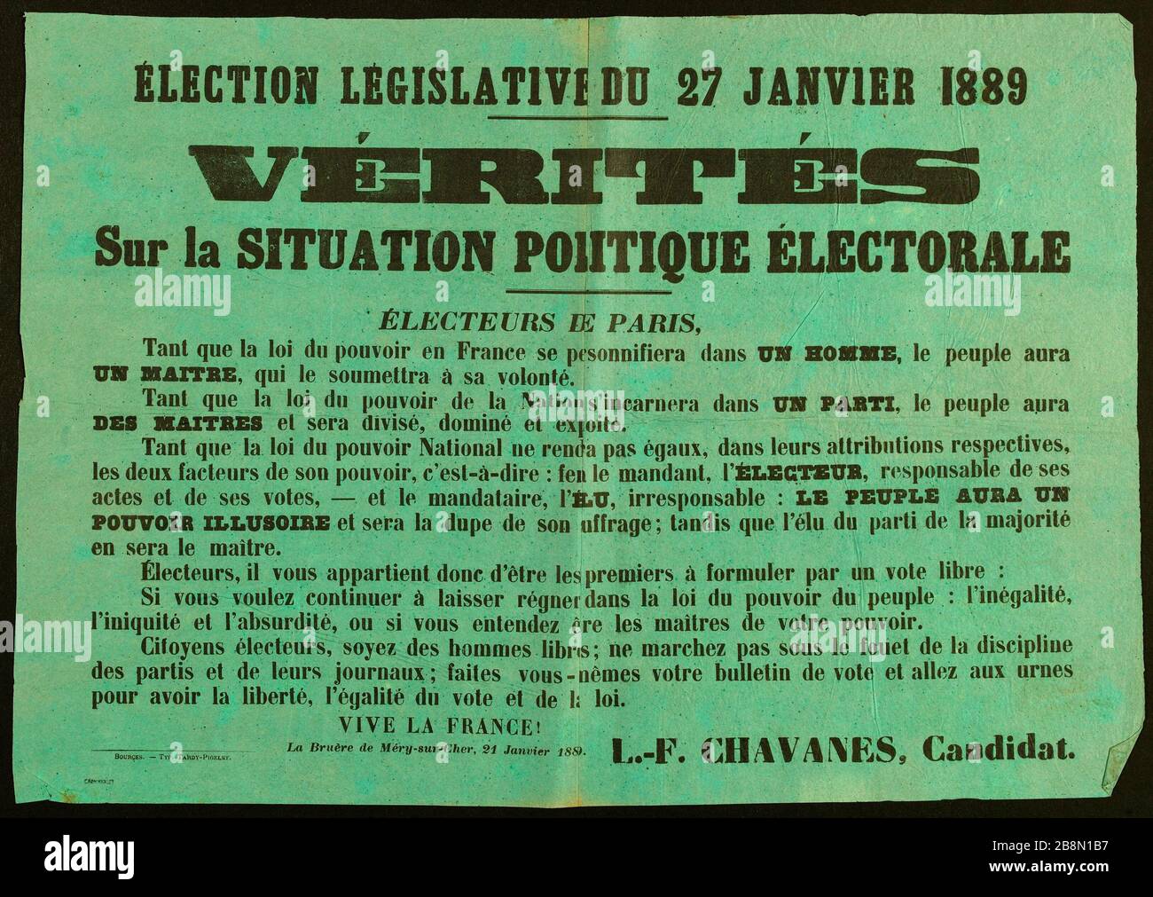 PARLAMENTSWAHL 27. Januar 1889, WAHRHEITEN über DIE POLITISCHE SITUATION DER WAHL Imprimerie Tardy-Pigelet. DIE WAHL LEGISLATIVE DU 27 JANVIER, DIE VERITES SUR LA SITUATION POLITIQUE ELECTORALE. Typographie sur Papier vert. Im Jahr 1889. Paris, musée Carnavalet. Stockfoto