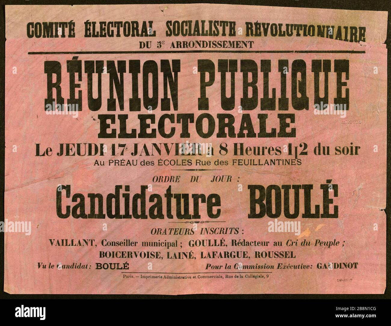 WAHLAUSSCHUSS SOZIALISTISCHE REVOLUTION DES 5. BEZIRKES, ÖFFENTLICHE SITZUNG WAHL Imprimerie administrative et Commerciale. COMITE WAHLSOCIALISTE REVOLUTIONNAIRE DU 5E-BEZIRK, REUNION PUBLIQUE ELECTORALE. Typographie sur Papier violett. Im Jahr 1889. Paris, musée Carnavalet. Stockfoto