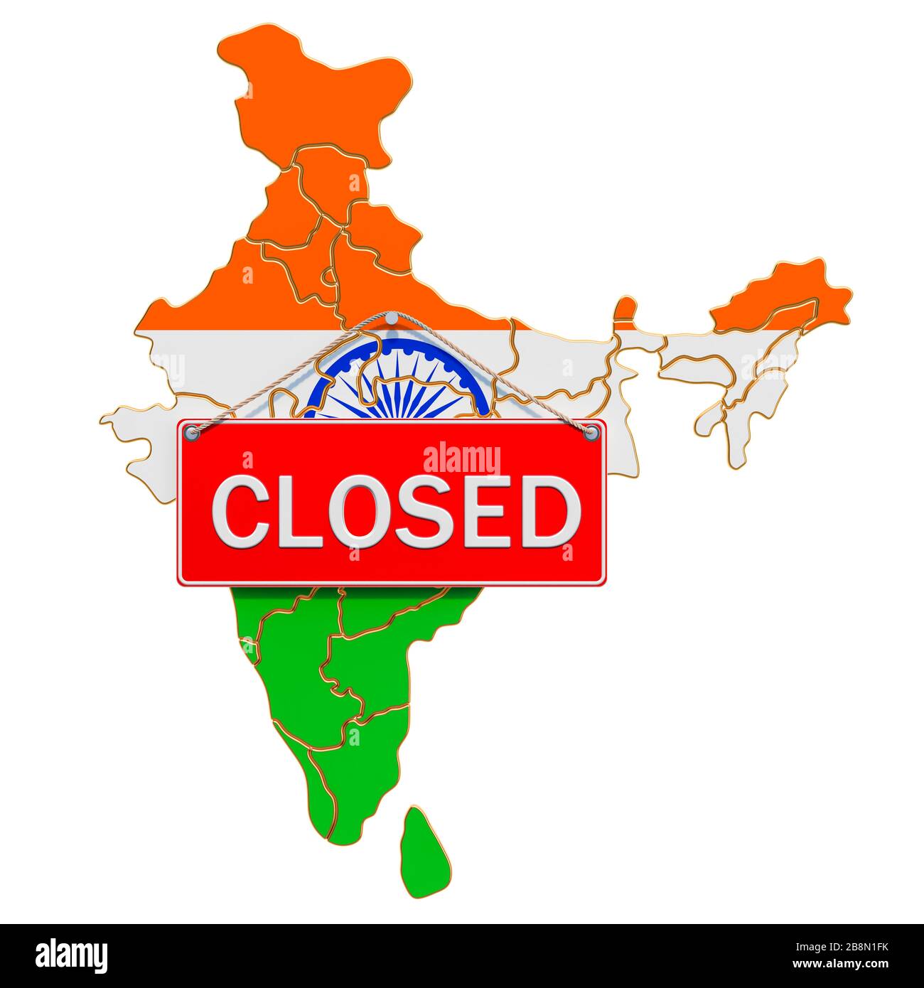 Indische Karte mit geschlossenem Hängeschild, Quarantänekonzept. 3D-Rendering isoliert auf weißem Hintergrund Stockfoto