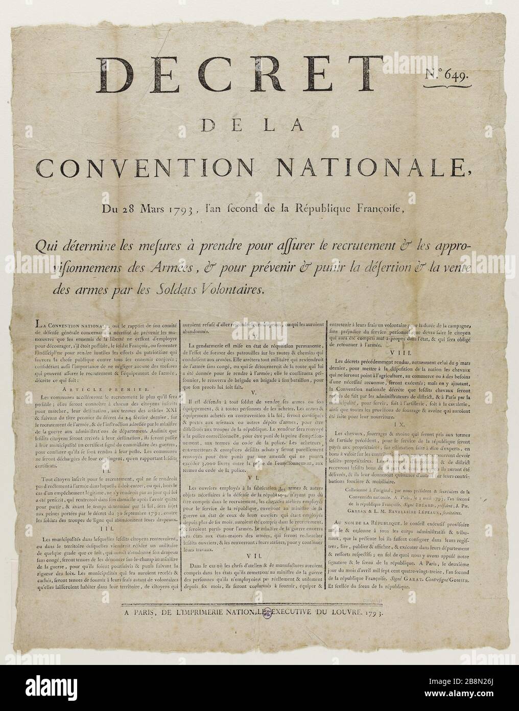 DEKRET DES CONVENTS NATIONAL 28 MARS 173 ANONYME. 'Décret de la Convention Nationale du 28 mars 173'. Typographie. Im Jahre 171. Paris, musée Carnavalet. Stockfoto