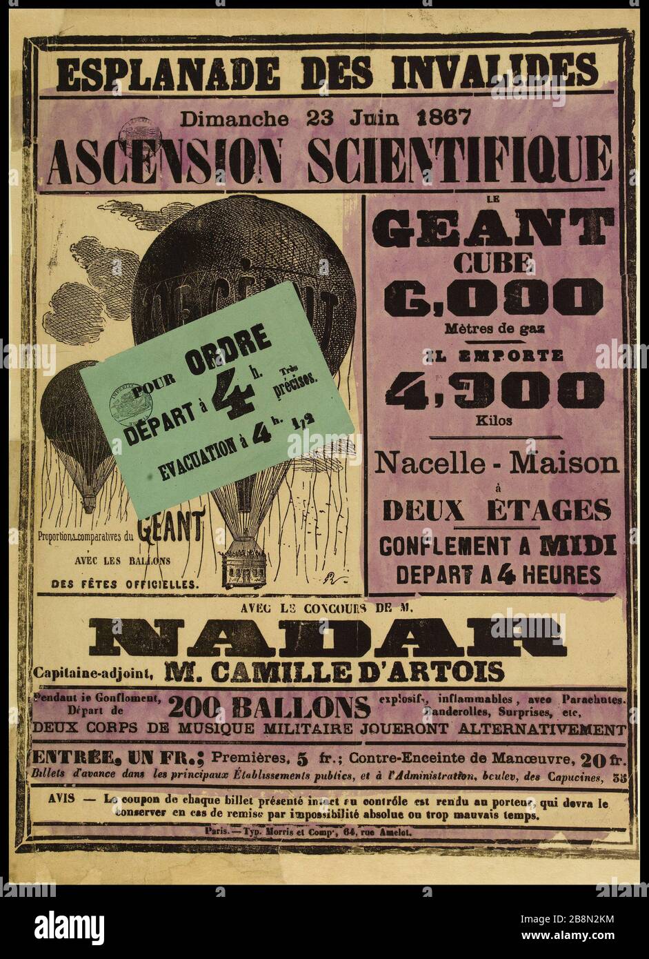 PLATZ DER BEHINDERTEN, Sonntag, 23. Juni 1867, AUFSTIEG WISSENSCHAFTLICHE, GIGANTISCHE Affiche publicitaire pour un événement scientifique: L'Ascension du 'Géant', Esplanade des Invalides, Paris (VIIème arr.), Dimanche 23 juin. Typographie (pochor violett), um das Jahr 1867. Imprimerie Morris et Cie. Paris, musée Carnavalet . Stockfoto