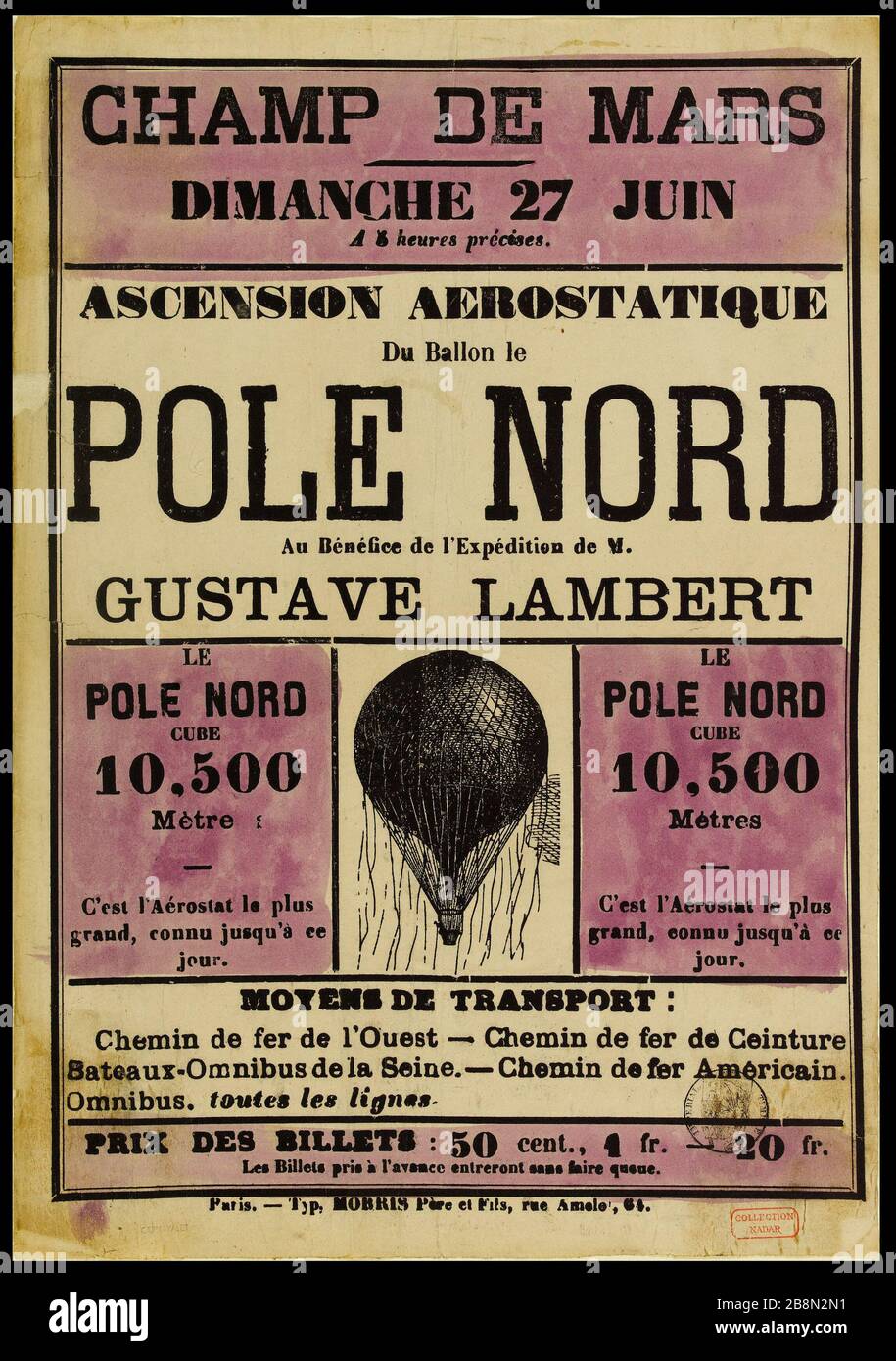 FELD DES MARS, Sonntag, 27. Juni, um 8 Uhr Sharp. ASCENSION aérostatique Du Ballon am NORDPOL Gewinn von Herrn Gustave LAMBERT Shipping Anonyme. Affiche culturelle. "Champ de mars, dimanche 27 juin à 8 heures précises. ascension aérostatique du ballon le pôle Nord au bénéfice de l'expédition de M. Gustave Lambert". Typographie (pochor violett). 1869. Paris, musée Carnavalet. Stockfoto