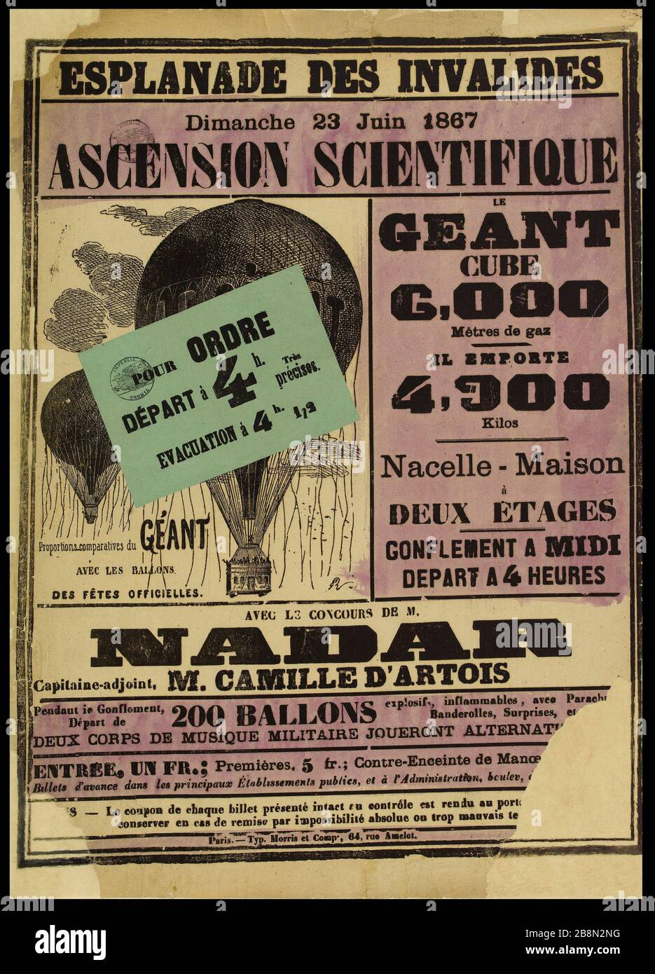 PLATZ DER BEHINDERTEN, Sonntag, 23. Juni 1867, AUFSTIEG WISSENSCHAFTLICHE, GIGANTISCHE Affiche publicitaire pour un événement scientifique: L'Ascension du 'Géant'. Esplanade des Invalides, Paris (VIIème arr.), dimanche 23 juin. Typographie (pochor violett), um das Jahr 1867. Imprimerie Morris et Cie. Paris, musée Carnavalet . Stockfoto