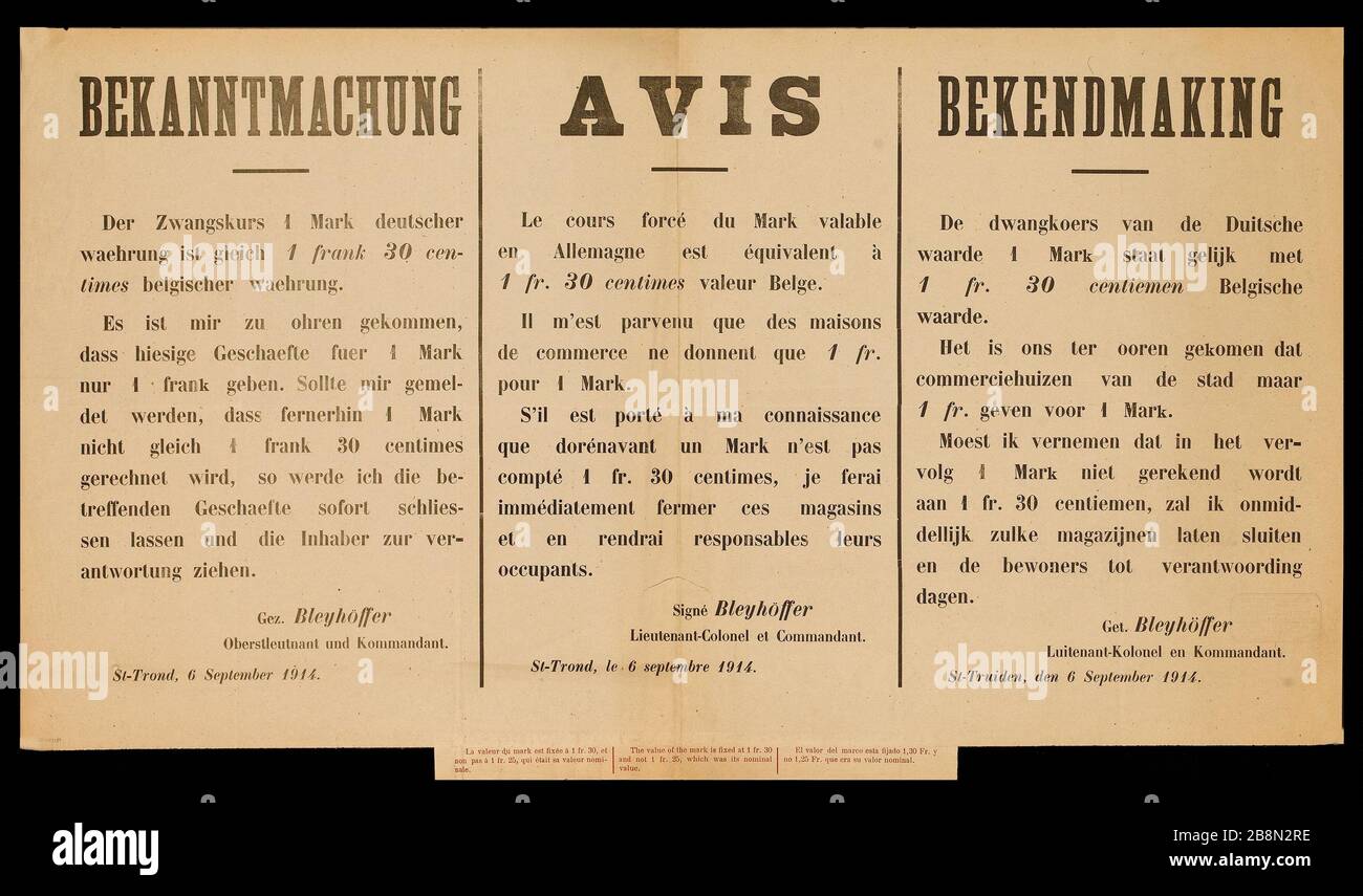 BEACHTEN Sie, dass die erzwungene Währung 1 Mark deutscher Wachabzeichen 1 Frank 30 Centimes belgische Wachabzeichen entspricht. Anonyme. Affiche d'Information. "Bekanntmachungen, der Zwangskurs 1 Mark deutscher waehre ist gleich 1 freimütig 30 Centimes belgischer waehrung". Typographie. 1914. Paris, musée Carnavalet. Stockfoto