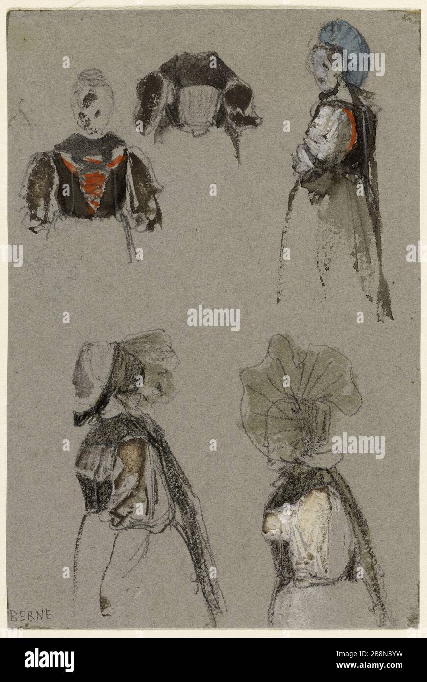 Fünf weibliche Kostümstudien (Vorderseite und Profil) René Marjolin (1812-1895). Cinq études de costs féminins (profil et face). Crayon, rehauts de gouache blanche et aquarelle sur papier gris. Paris, musée de la Vie romantique. Stockfoto