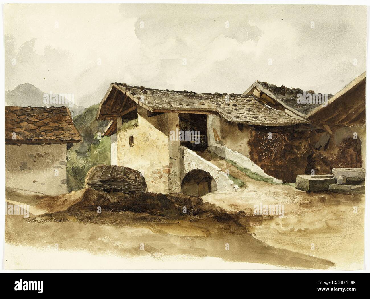 Blick auf einen Bauernhof René Marjolin (1812-1895). Vue d'une ferme. Aquarelle. Paris, musée de la Vie romantique. Stockfoto