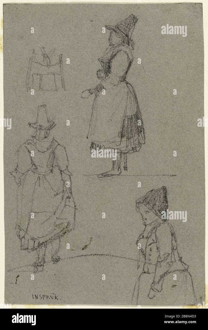 Drei weibliche Kostümstudien (Vorderseite und Profil) René Marjolin (1812-1895). Trois études de costs féminins (Gesicht und Profil). Crayon Graphit sur Papier gris. Paris, musée de la Vie romantique. Stockfoto