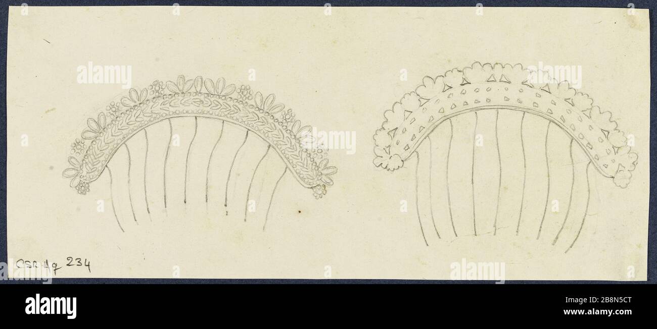 Studien Kammbuns René Marjolin (1812-1895). Etudes d'un peigne à chignon. Crayon-Graphit. Paris, musée de la Vie romantique. Stockfoto