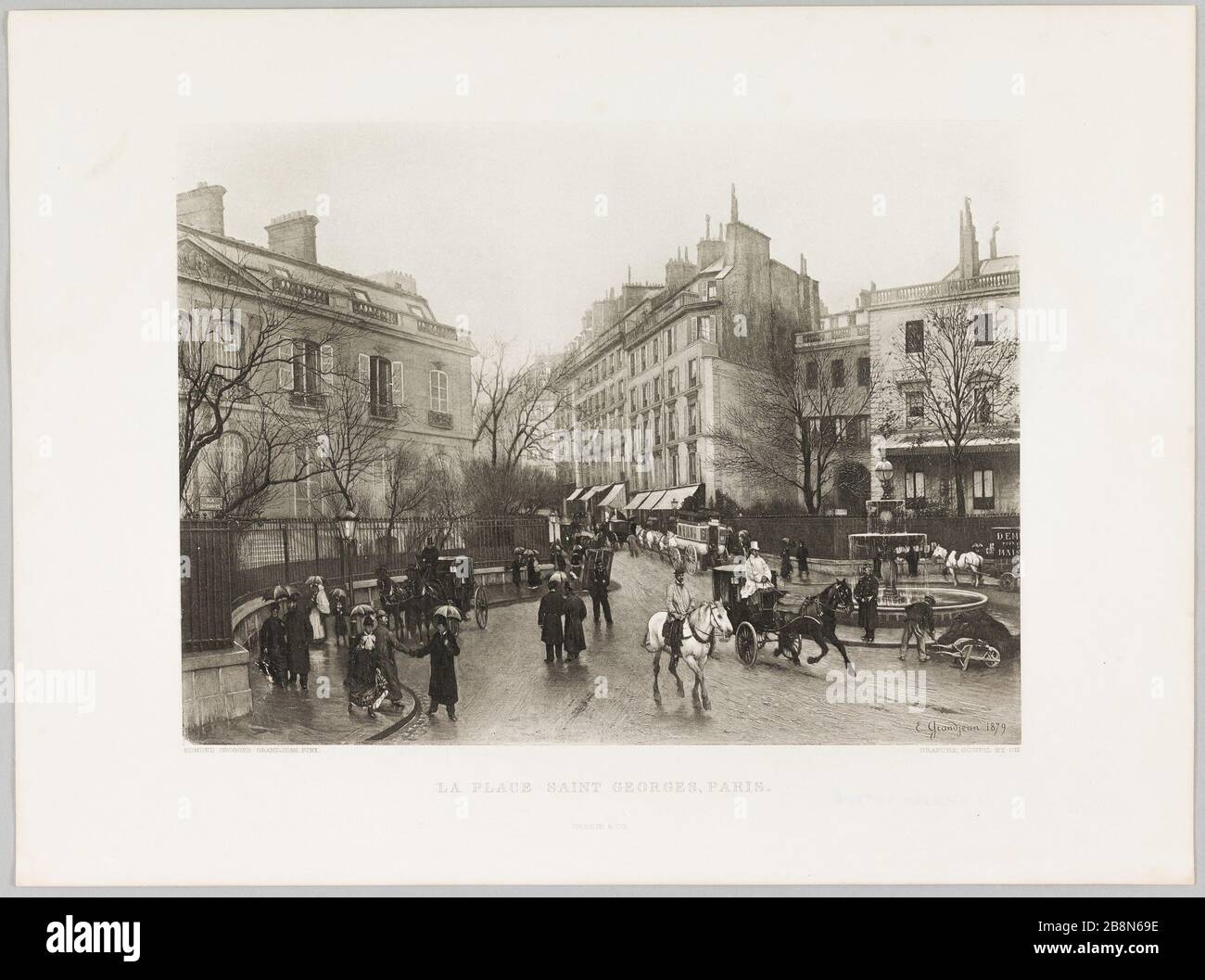 Place Saint-Georges in Paris Edmond Grandjean (1844-1909). La Place Saint-Georges à Paris. Photogravure montrant la Place Saint-Georges en 1879. Photogravure, 1879. Paris, musée de la Vie romantique. Stockfoto