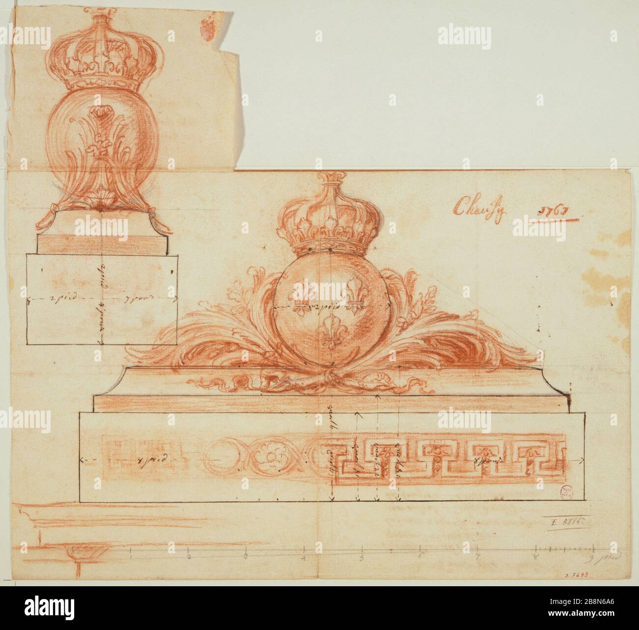 Zeichnung Schmuck: Die Arme Frankreichs, 1761 Anonyme. Dessin d'Ornement : aux armes de France, 1761. Pflaume, Sanguin, Krebse. 1761. Paris, musée Carnavalet. Stockfoto