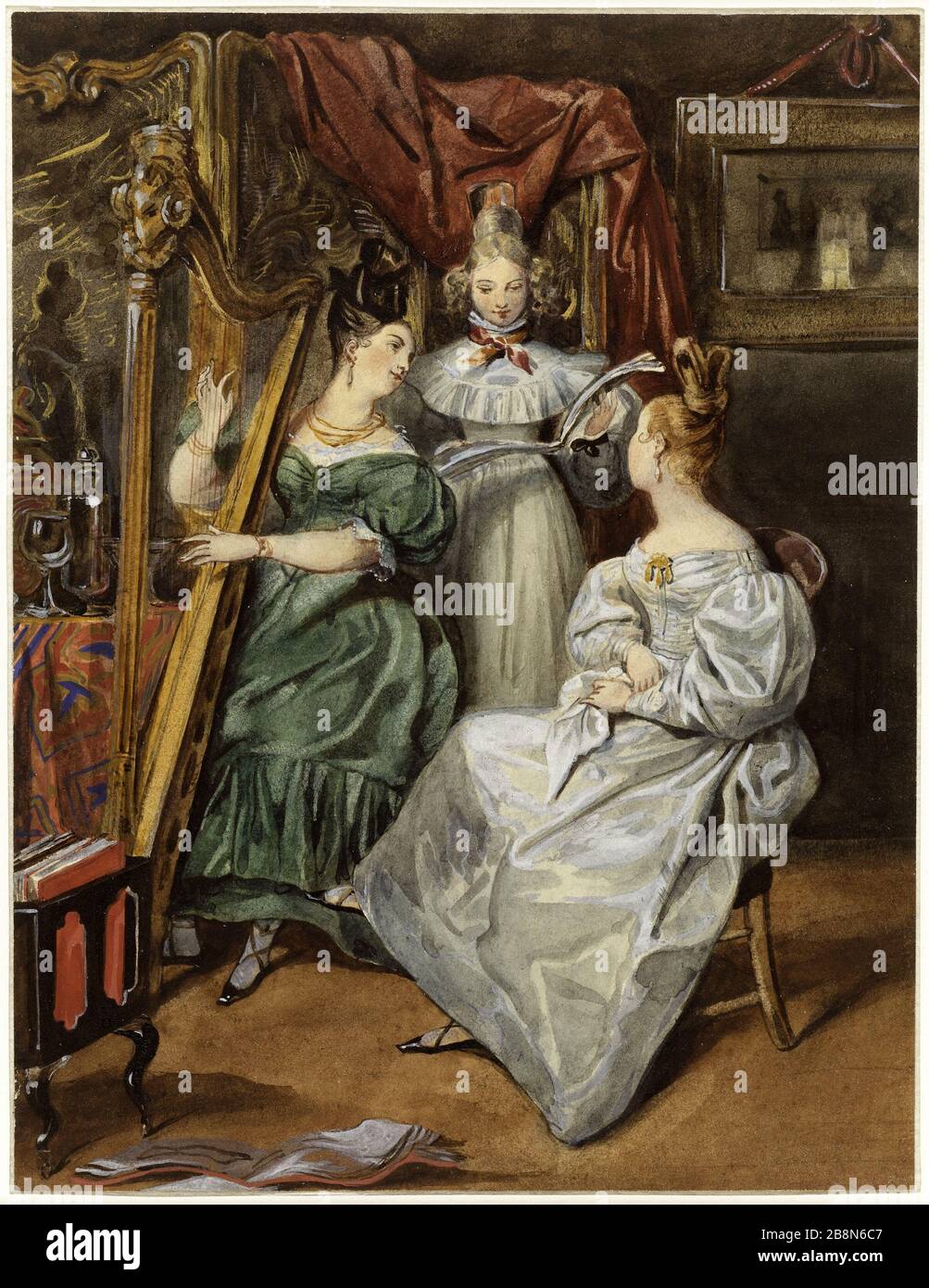DAS KONZERT Eugne Devria (1805-1865). "Le concert". Crayon, aquarelle et rehauts d'Or sur Papier, 182. Paris, Muse de la Vie romantique. Stockfoto