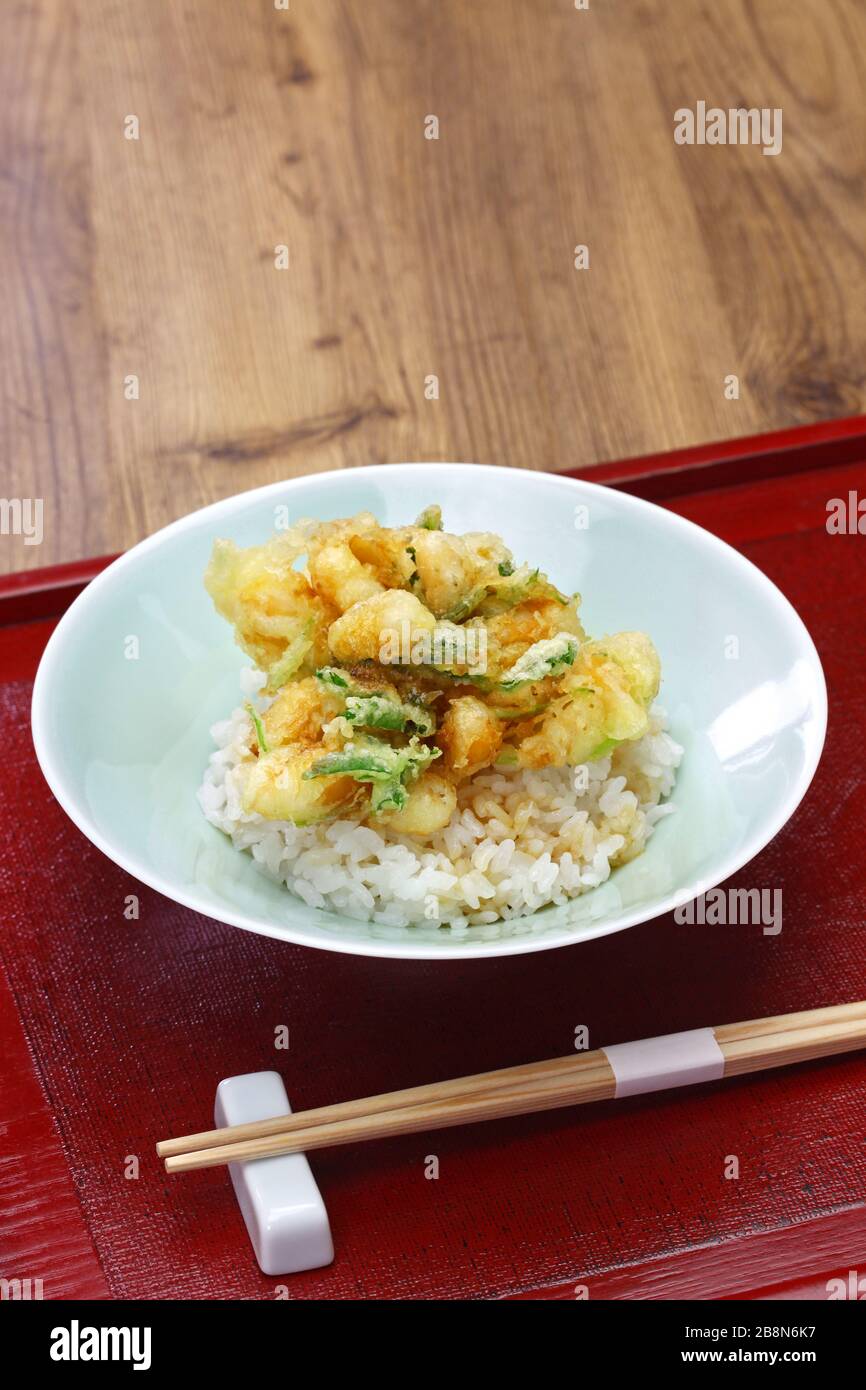 Kobashira no kakiage donburi, Reisschüssel mit Trogschalenadduktorenmuskeln tempura, japanische Nahrung Stockfoto