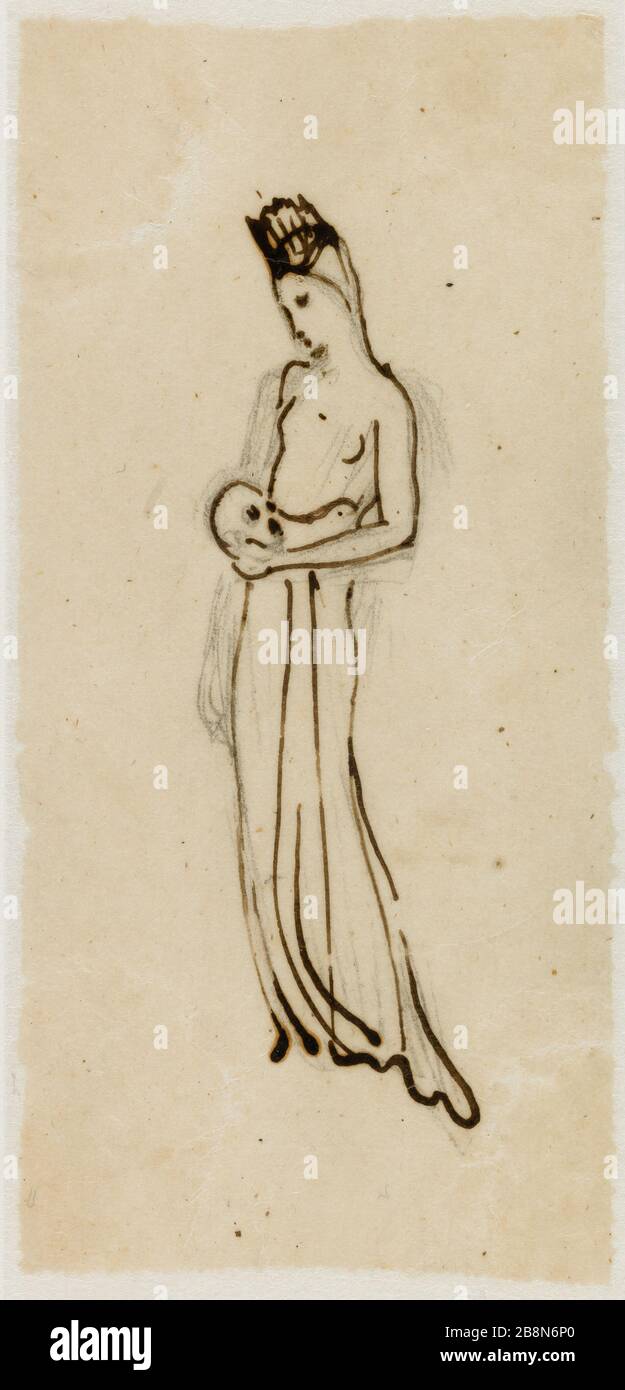 Bekrönte Frau mit einem Schädel Ary Ernest Renan (1858-1900). Femme couronnée pächter un crâne. Etüde de femme couronnée pächter un crâne. Crayon-Graphit, Plume et encre noire sur Papier calque doublé. Paris, musée de la Vie romantique. Stockfoto