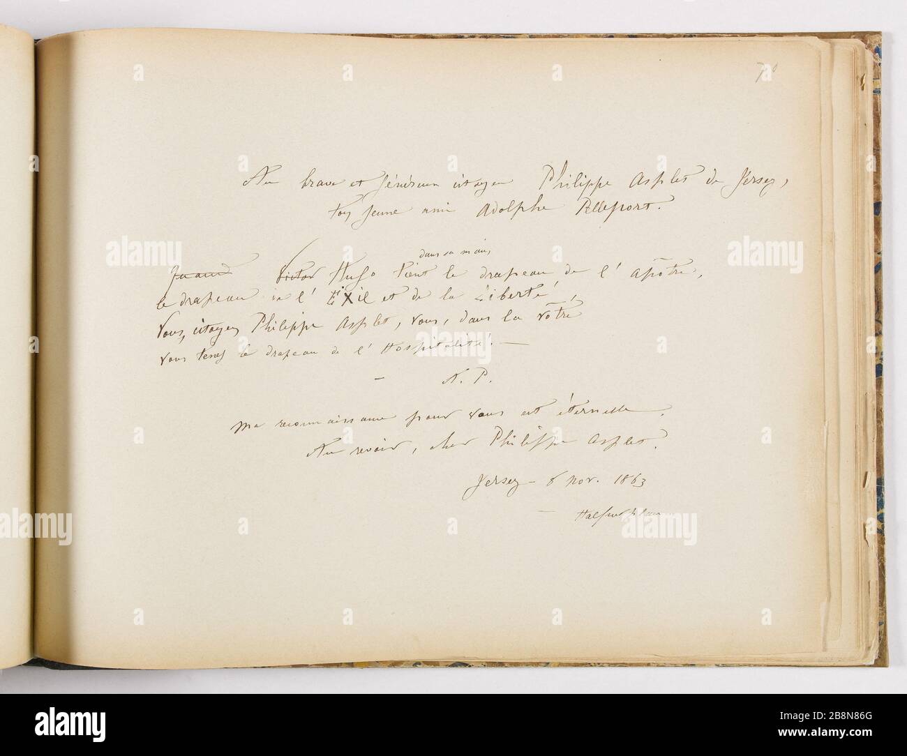 Album Asplet Folio 70, Widmung von Adolphe Pelleport Philippe Asplet, Adolphe Pelleport. "Album Asplet Folio 70, dédice d'Adolphe Pelleport à Philippe Asplet". Papier. Automne Von 1863. Paris, Maison de Victor Hugo. Stockfoto