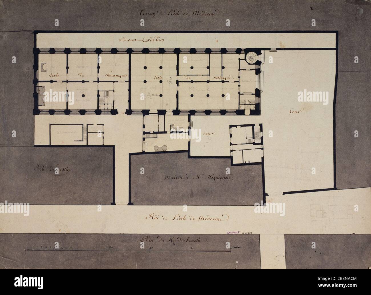 Plan des Erdgeschosses des Klosters Cordeliers, der mechanischen Schule und der Mosaikschule Anonyme. Plan du rez de chaussée du coouvent des Cordeliers, transformé en Ecole de mécanique et Ecole de mosaïque. Paris (Vème arr.). Pflaume, Flusskrebse, Lavis d'encre de Chine. Paris, musée Carnavalet. Stockfoto
