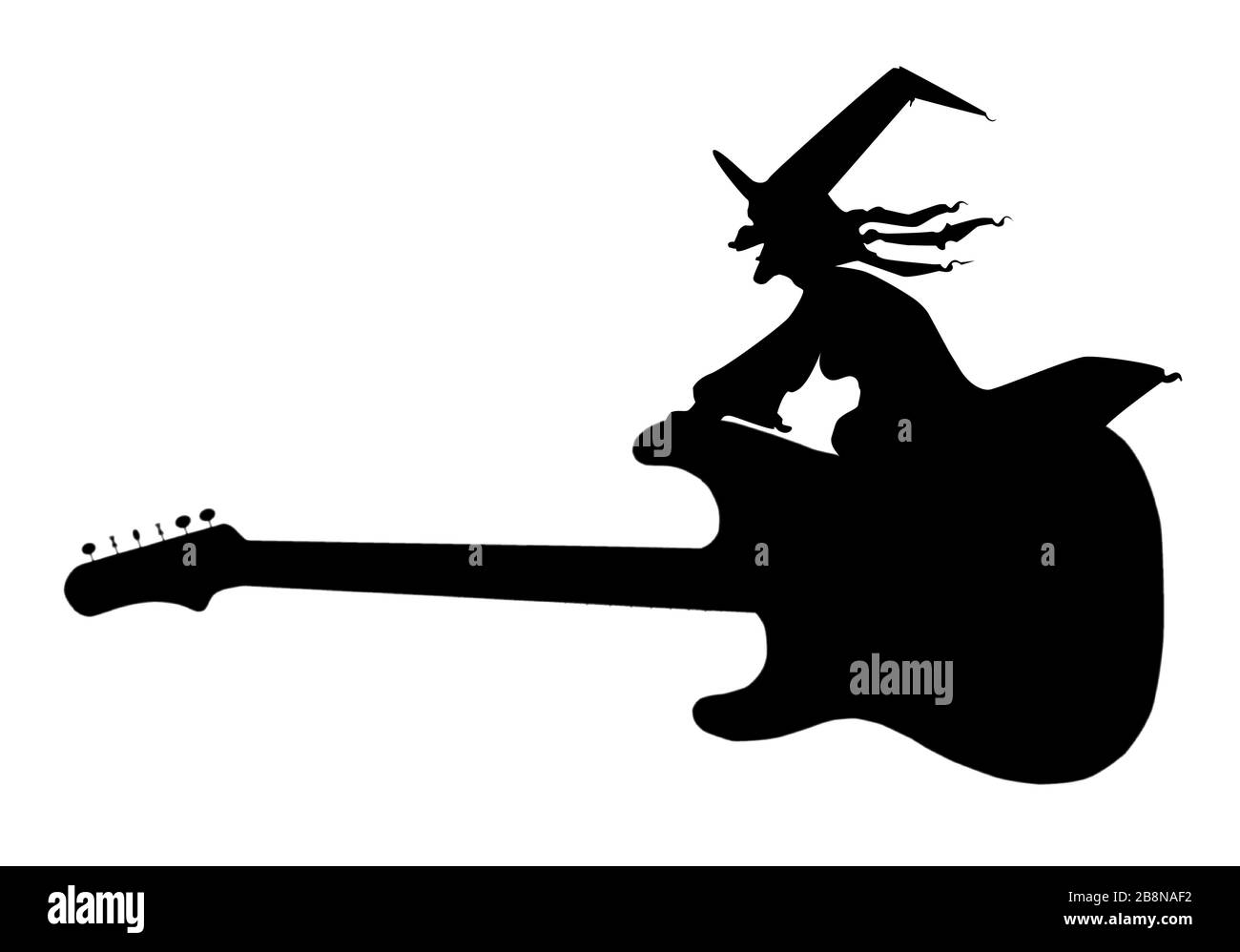 Eine Hexe, die auf einer magisch fliegenden E-Gitarre sitzt Stock Vektor