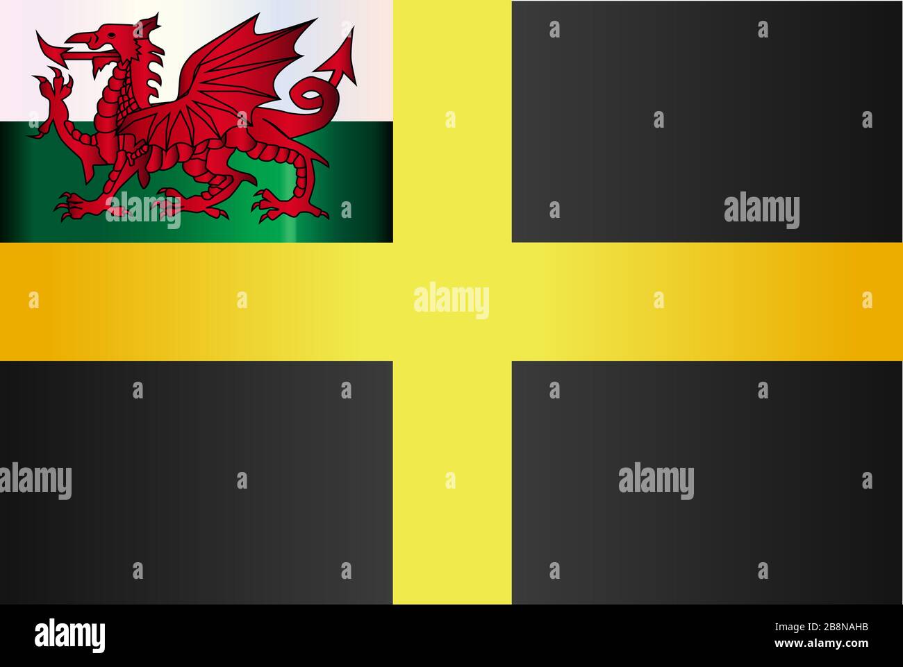 Die Flagge des heiligen David von Wales mit schwarzem Hintergrund und gelbem Kreuz mit dem walisischen Dracheneinsatz. Stock Vektor