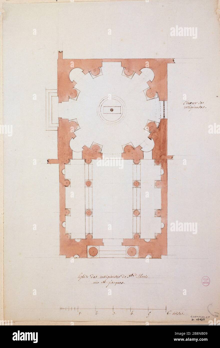 Karte des Klosters der Nonnen der Heimsuchung der Heiligen Maria (vor der Revolution) St. Jacques 193 Anonyme. Plan du couvent des Religieuses de la Visitation de Sainte Marie (avant la Révolution), rue Saint Jacques Nr. 193. Pflaume, Lavis, Encre brune. Paris, musée Carnavalet. Stockfoto