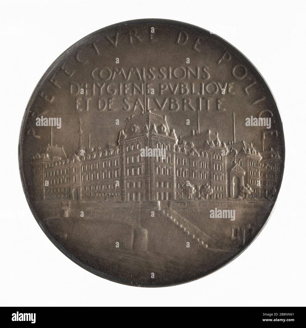 Kommission öffentliche Gesundheit und Sicherheit der Präfektur der Polizei in Paris, Dritte Republik Roty, Louis Oscar. "Commission d'hygiène publique et de salubrité de la Préfecture de police de Paris, troisième République". Argent. Paris, musée Carnavalet. Stockfoto
