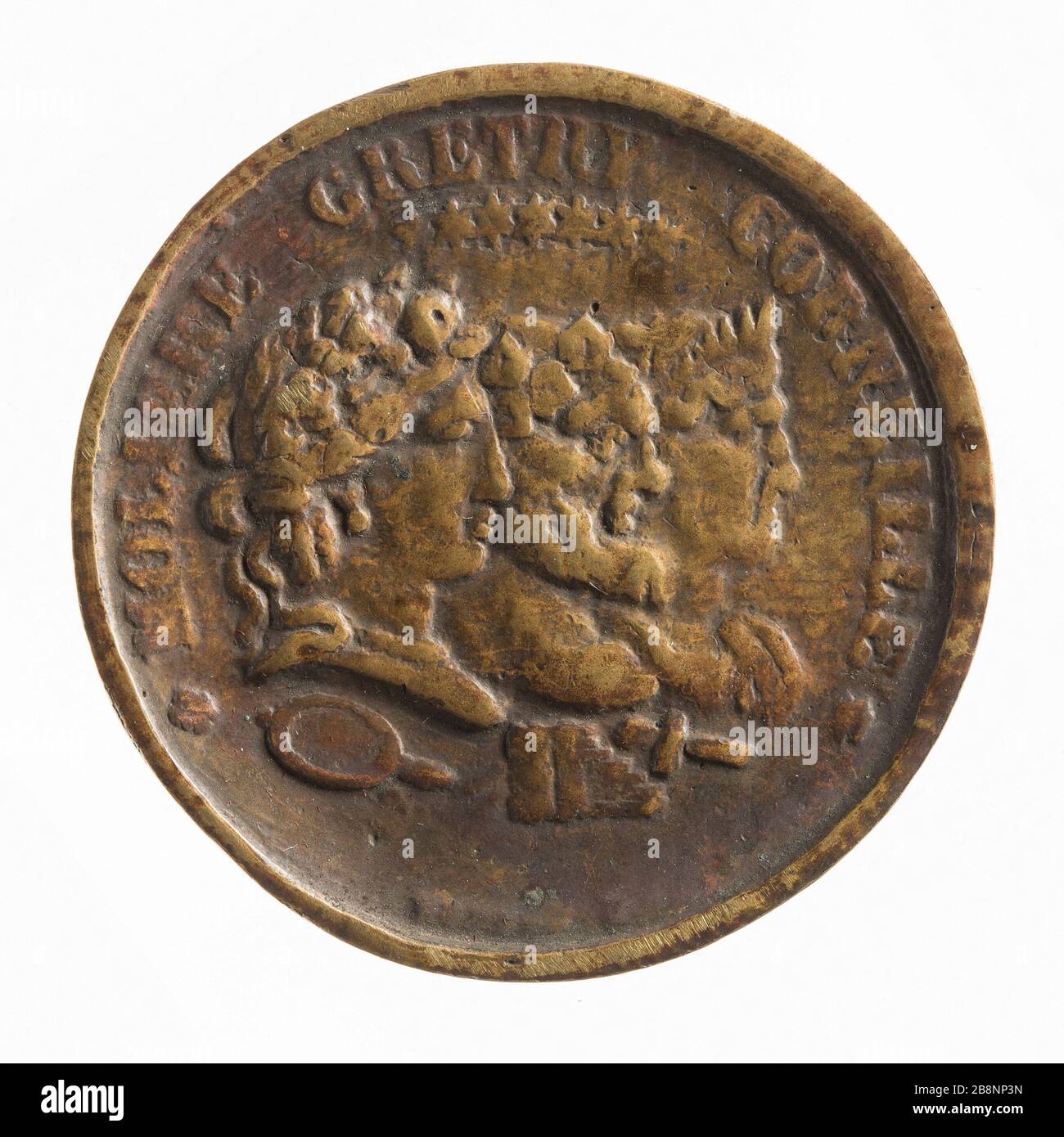 Rechtes Profil Molière, Corneille und Grety, Profil des 19. Jahrhunderts à droite de Molière, Grety et Corneille, XIXe siècle. Métal. Paris, musée Carnavalet. Stockfoto