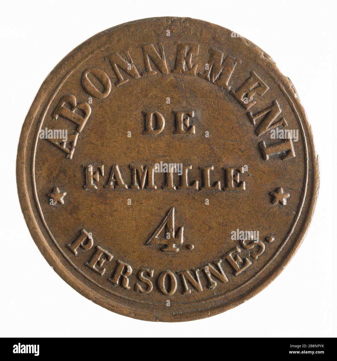 Abonnement Home Theatre Comte Passage Choiseul, 19. Jahrhundert 'Abonnement familial au théâtre Comte, Passage Choiseul, XIXe siècle'. Bronze. Paris, musée Carnavalet. Stockfoto