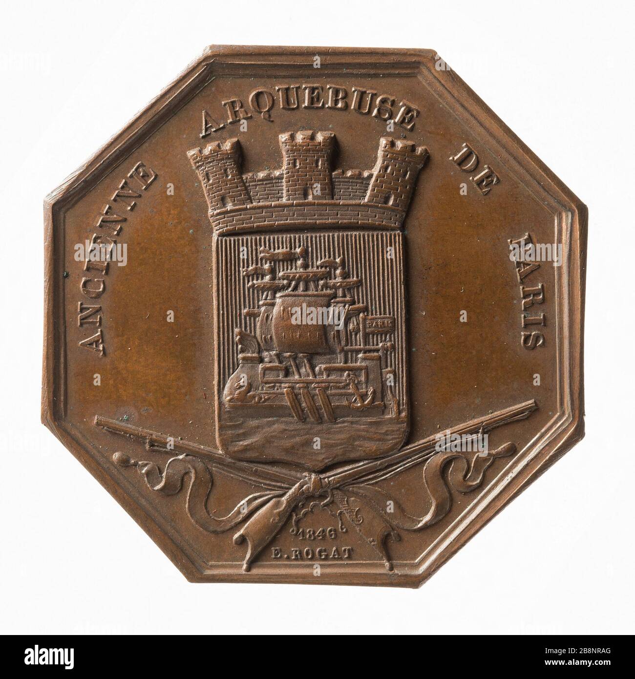 Circle carabinieri Old Musket of Paris, 1846 Rogat, Emile. "Cercle des Carabiniers, ancienne arquebuse de Paris, 1846". Bronze. 1846-1846. Paris, musée Carnavalet. Stockfoto