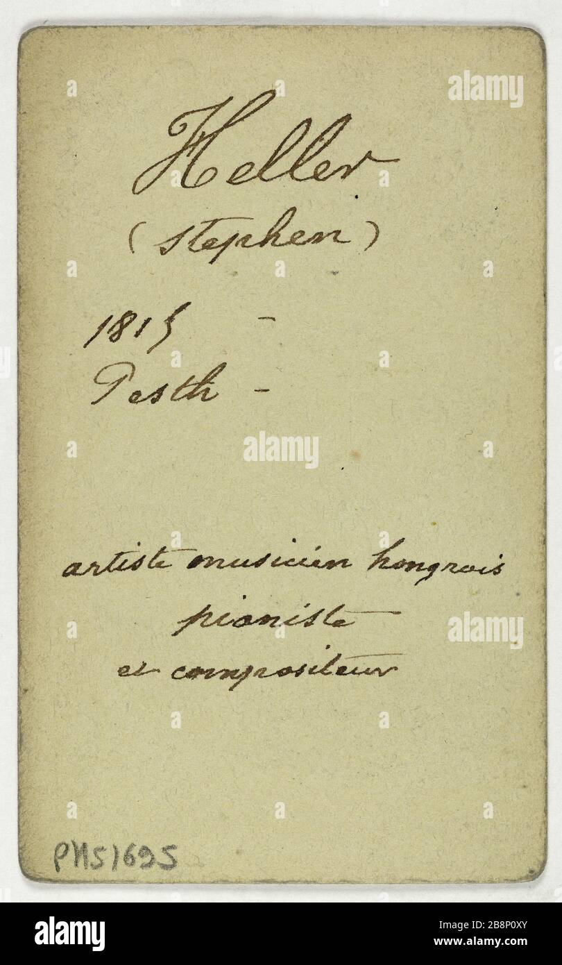 Porträt von Stephen Heller (1813-1888), ungarischer Pianist und Komponist Portrait de Stephen Heller, (1813-1888), pianiste et compositeur hongrois. Carte de visite (verso).tirage sur Papier albuminé. Entre 1860-1890. Photographie anonyme. Paris, musée Carnavalet. Stockfoto