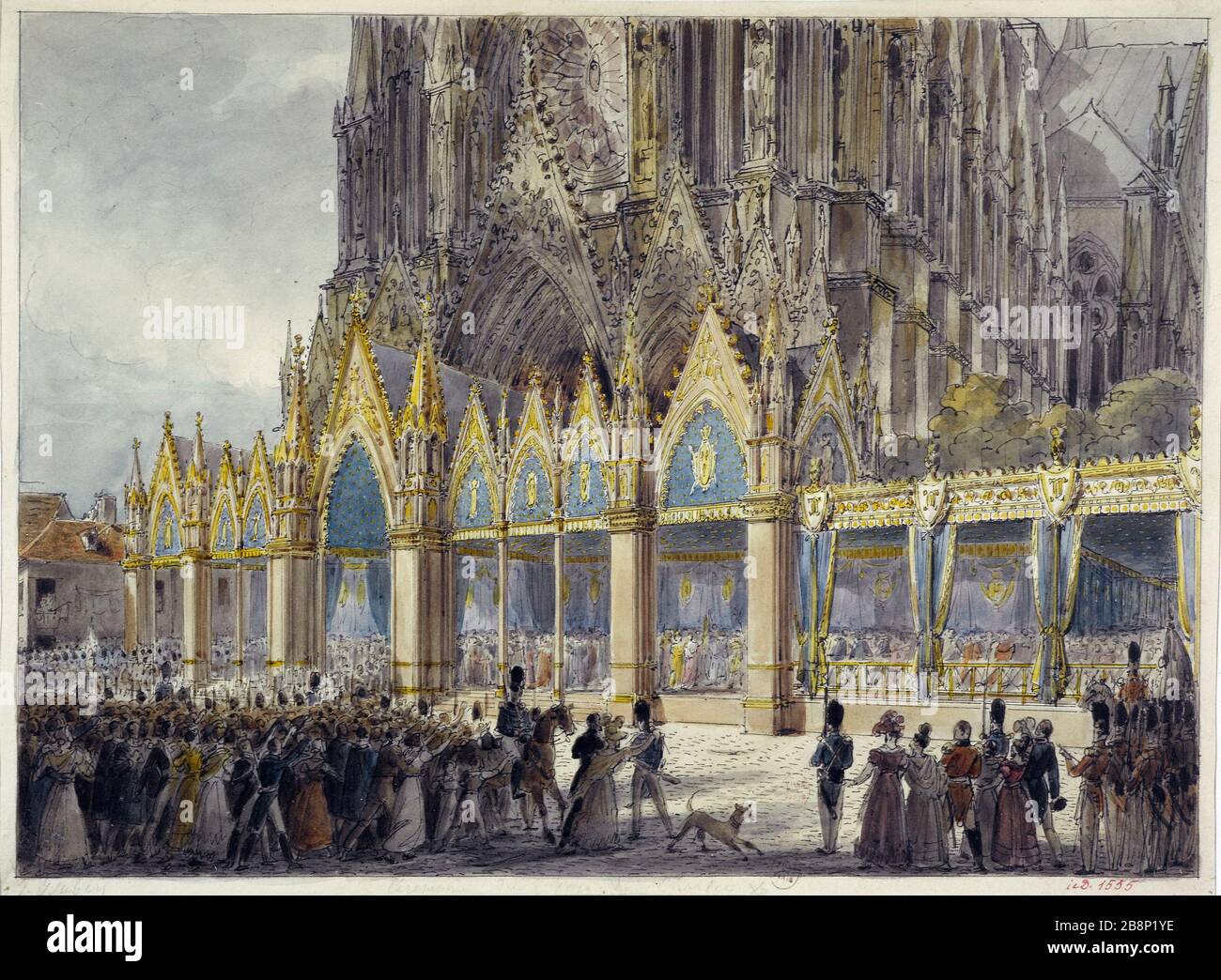 Kathedrale von Reims am Tag der Krönung von Karl X. im Jahr 1825 Charles Abraham Chasselat (1782-1843). "La cathédrale de Reims le jour du sacre de Charles X en 1825". Aquarelle. Paris, musée Carnavalet. Stockfoto