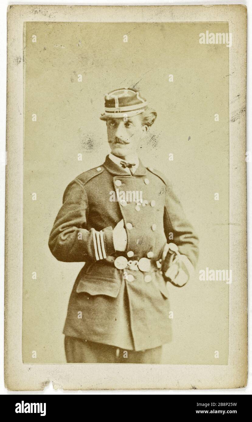 Porträt des Beamten von Jules-Montels während des Krieges von 1870. Portrait de Jules Montels, officier Pendant la guerre de 1870. Carte de visite (recto). Tirage sur Papier Albuminé. 1860-1890. Photographie anonyme. Paris, musée Carnavalet. Stockfoto