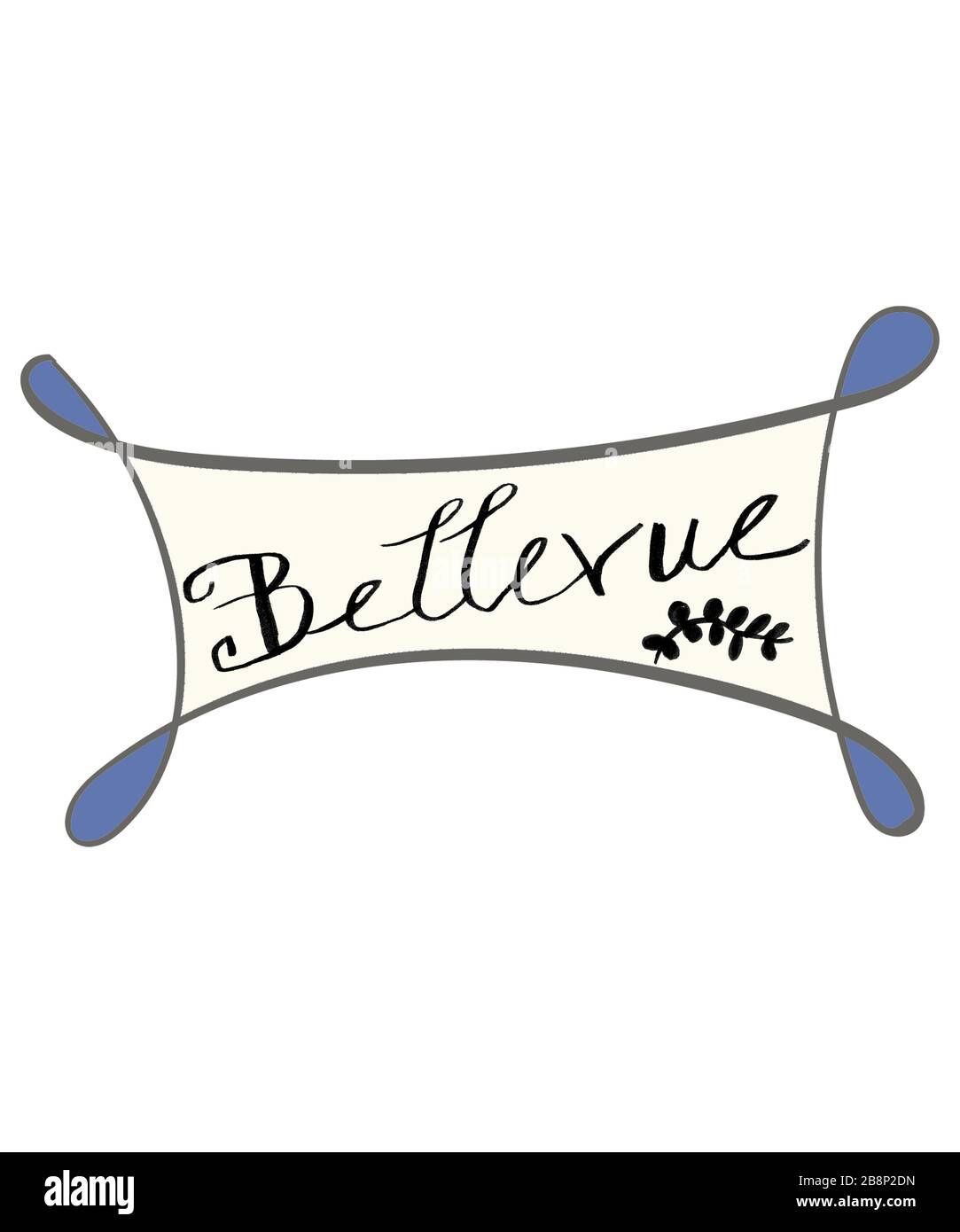 Bellevue handschriftlich beschriftete Gestaltung mit Scroll-Design. Bellevue ist eine Stadt oder Stadt in vielen Staaten und Nationen. Diese Grafik befindet sich auf einem weißen Hintergrund. Stockfoto