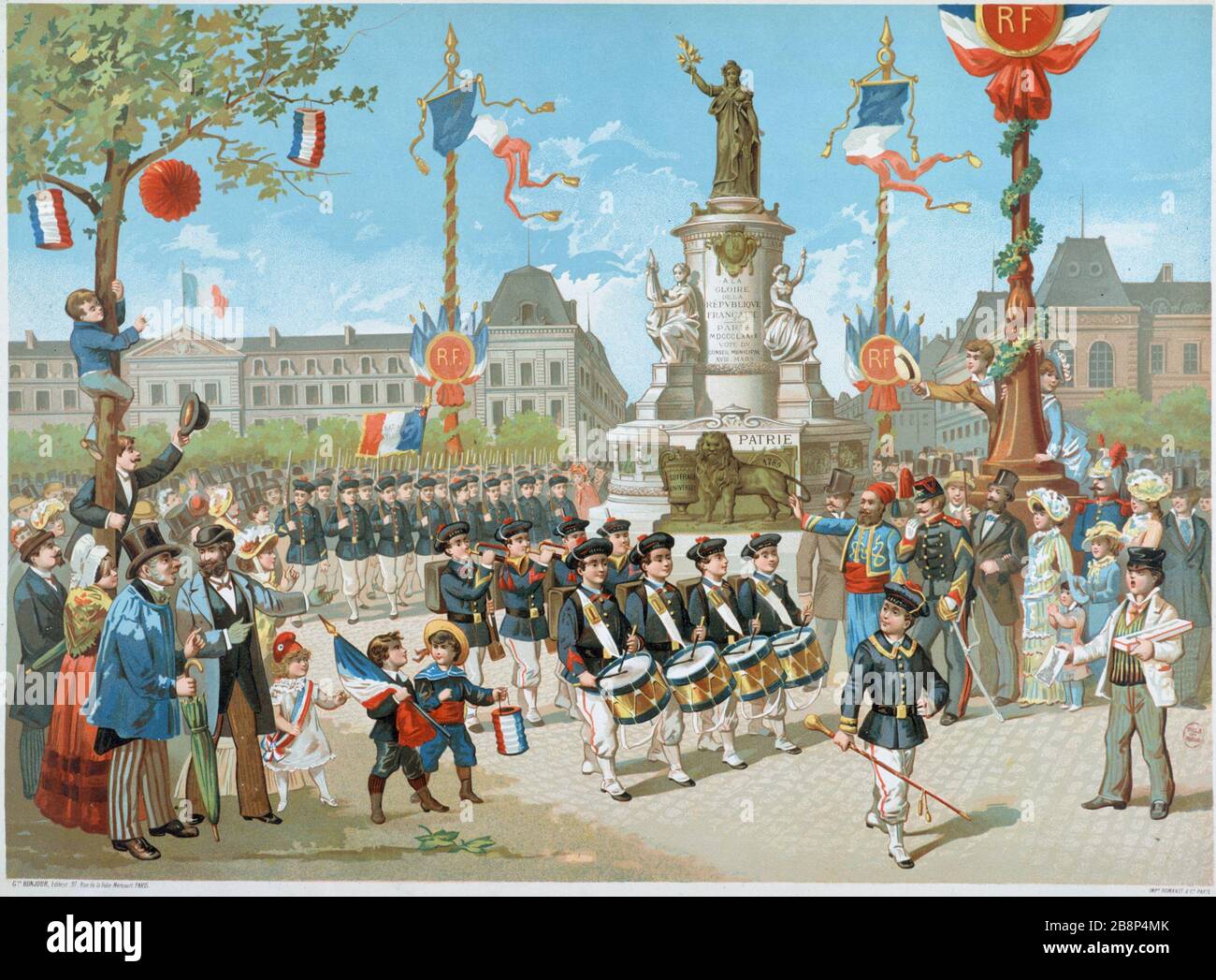 Juli 1883: Parade '14 juillet 1883 : défilé des collégiens en costance militär devant le Monument de la République (sur la Place du même nom)". Estampe anonyme. Paris, musée Carnavalet. Stockfoto