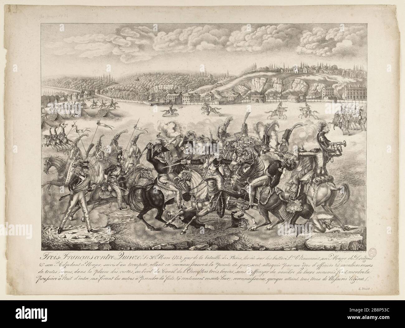 Drei Franzosen gegen 15. Pierre Langlumé . Trois Français contre Quinze, le 30 mars 1814, jour de la Bataille de Paris. Lithographie. Paris, musée Carnavalet. Stockfoto