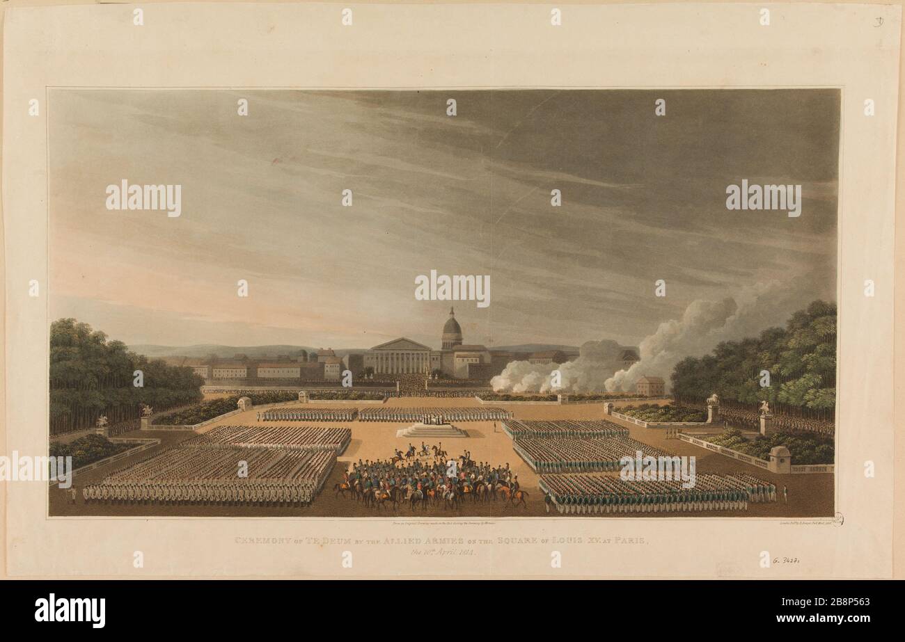 Zeremonie des Te Deum durch die Verbündeten Armeen auf dem Platz von Ludwig XV. In Paris, am 10. april 1814. Anonyme. "Cérémonie du Te Deum célébrée par les armées alliées, dans le parc Louis XV à Paris, 10 avril 1814". Aquatinte. Paris, musée Carnavalet. Stockfoto