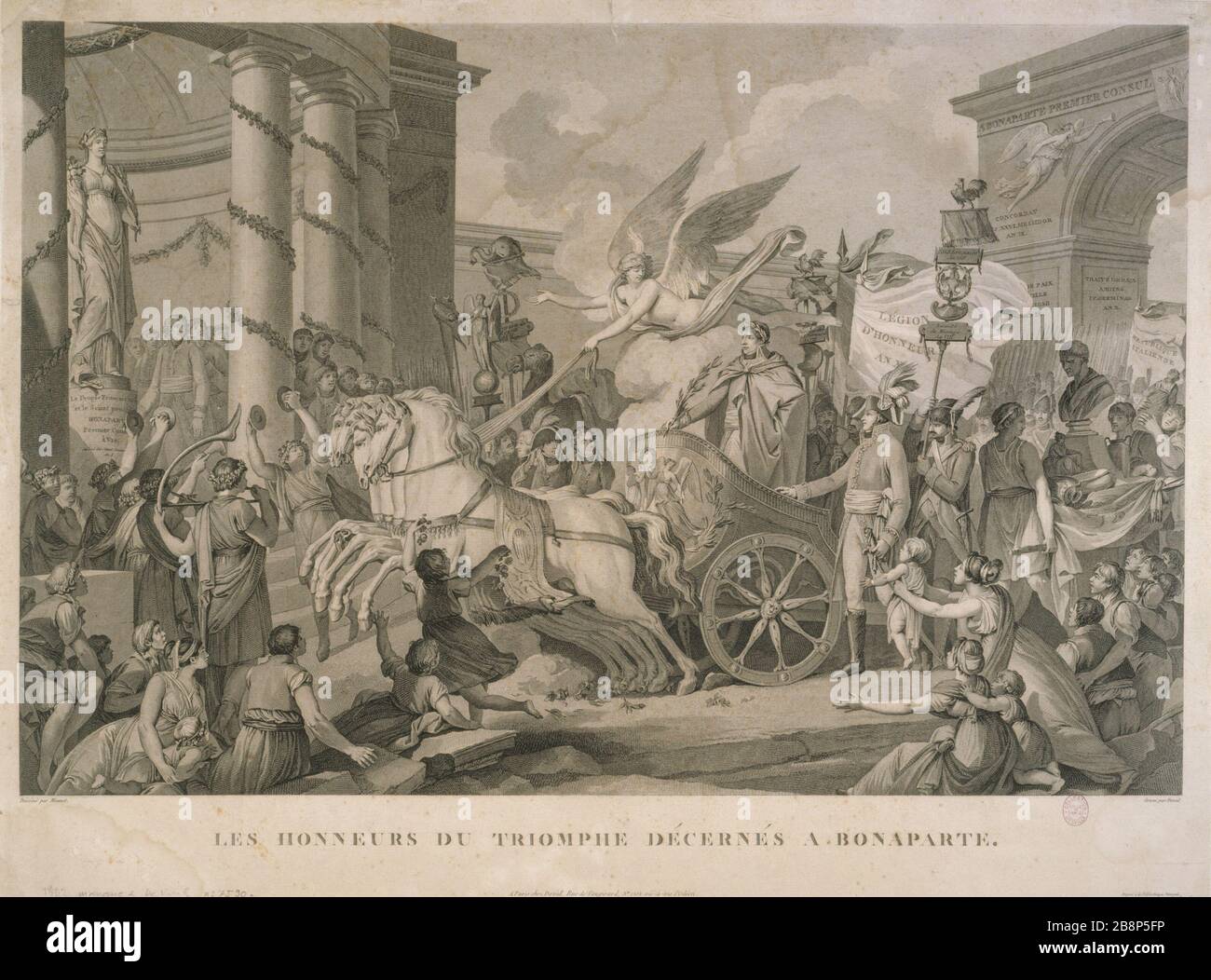 LES honneurs du Triomphe decernes Bonaparte 'Les honneurs du Triomphe décernés à Bonaparte'. Gravure de David et Charles Monnet (1732-1808). Paris, musée Carnavalet. Stockfoto