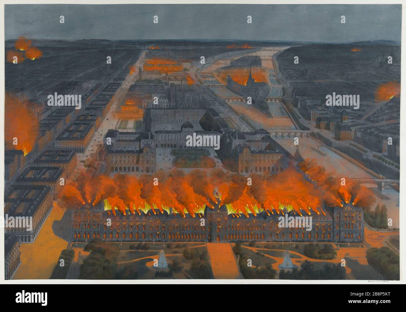 Panorama, Fire Tuileries, 24. Mai 1871, "Panorama, Incendie des Tuileries, 24 Mai 1871". Lithographie coloriée et rehaussée de vernis. Paris, musée Carnavalet. Stockfoto