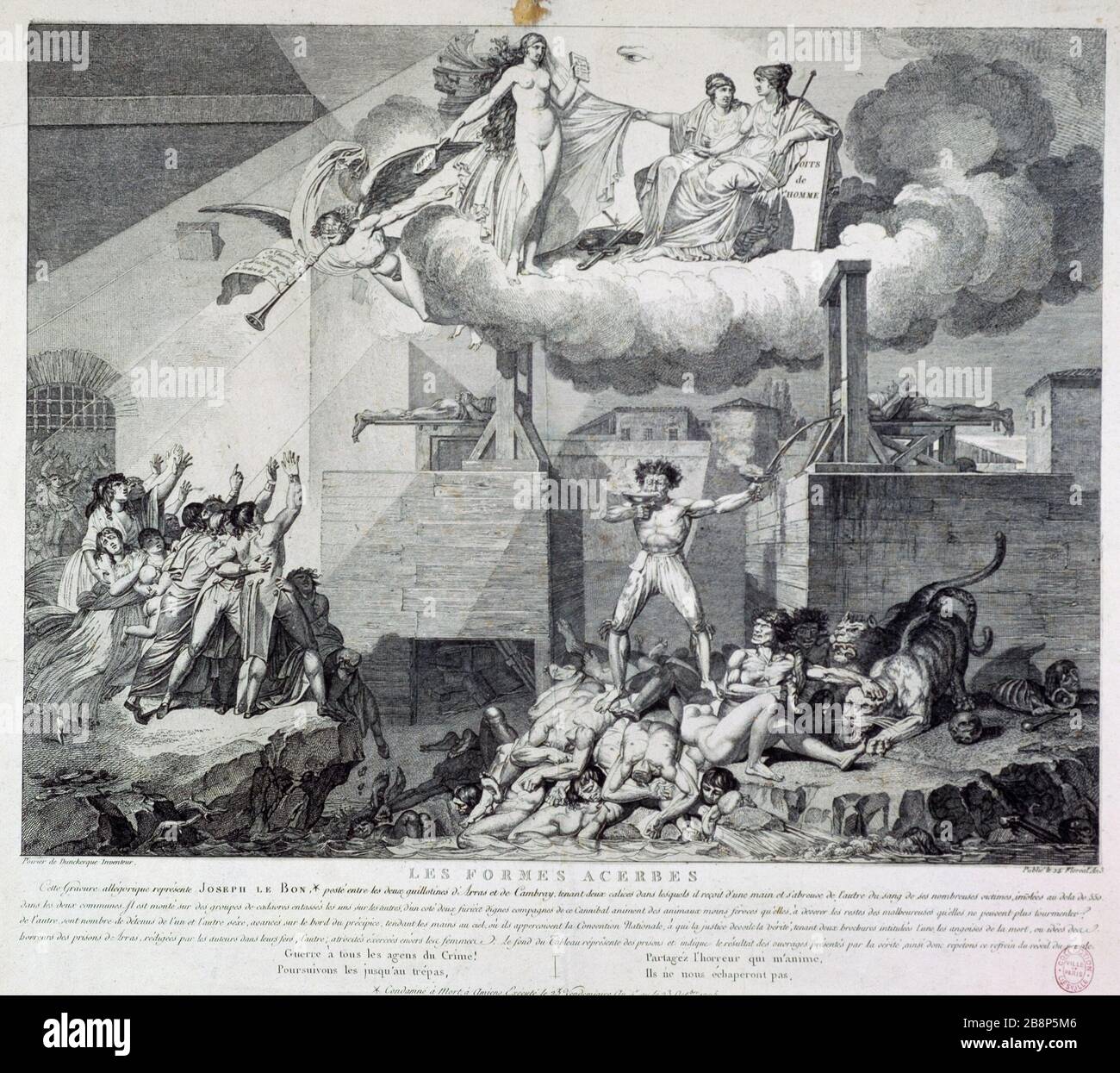 AKERBISCHE FORMEN - ALLEGORIE-VERTRETER JOSEPH GUTE POSITION ZWISCHEN ZWEI GUILLOTINEN ARRAS UND KURVEN POURIER. "Les formes acerbes - Allégorie repreprésentant Joseph Le Bon posté entre les deux guillotines d'Arras et de Cambrai...". Estampe. Paris, musée Carnavalet. Stockfoto